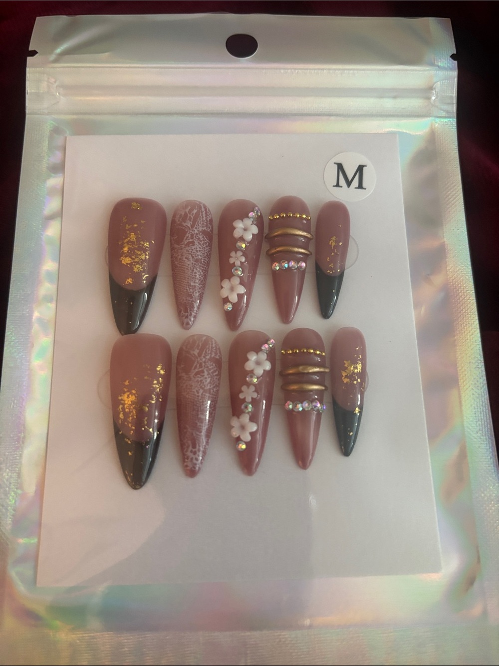 Mauve Floral & Gold Accent Press-On Nails - Set of 10